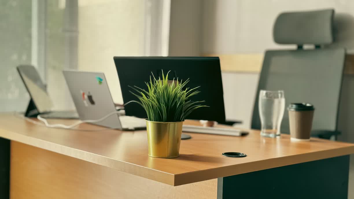 Workspace developer dengan laptop menampilkan source code